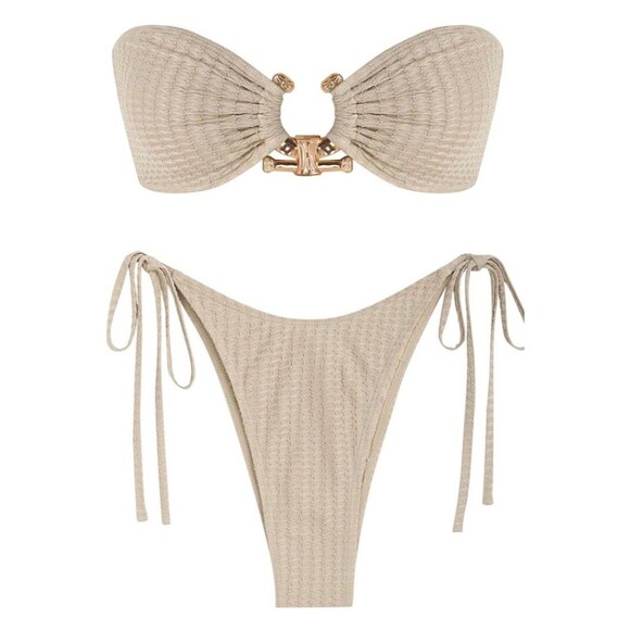 Zaful Metal Ring Beige Bandeau Bikini Set High Cut String Small New With Tag - Picture 1 of 7
